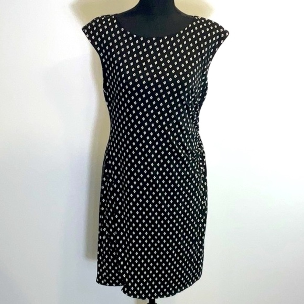 Loft Black Print Side Ruched Dress EUC
